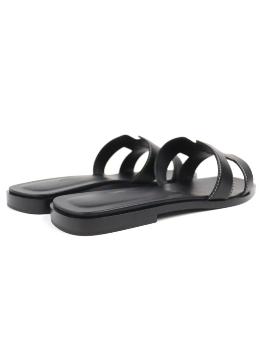 Hermes Oran Box Calf Leather Motif Flat Sandals Mules Black 38.5 Box - Picture 7 of 12